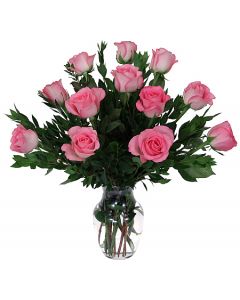 romantic vase arrangement of one dozen long stemmed pink roses